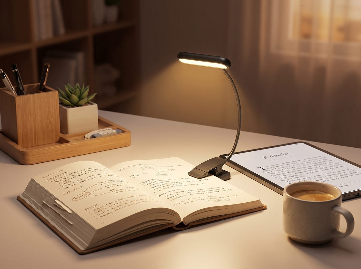 Lumo Clip en el escritorio para estudiar de noche