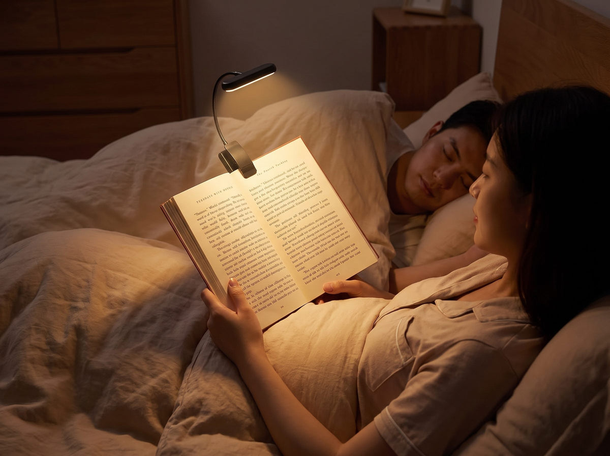 Leyendo en la cama con Lumo Clip sin despertar a la pareja
