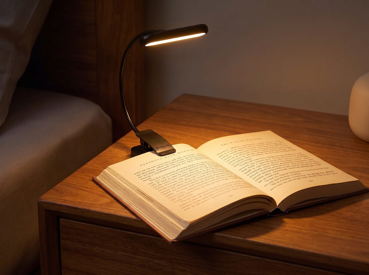 Lumo Clip enganchada a un libro con luz cálida