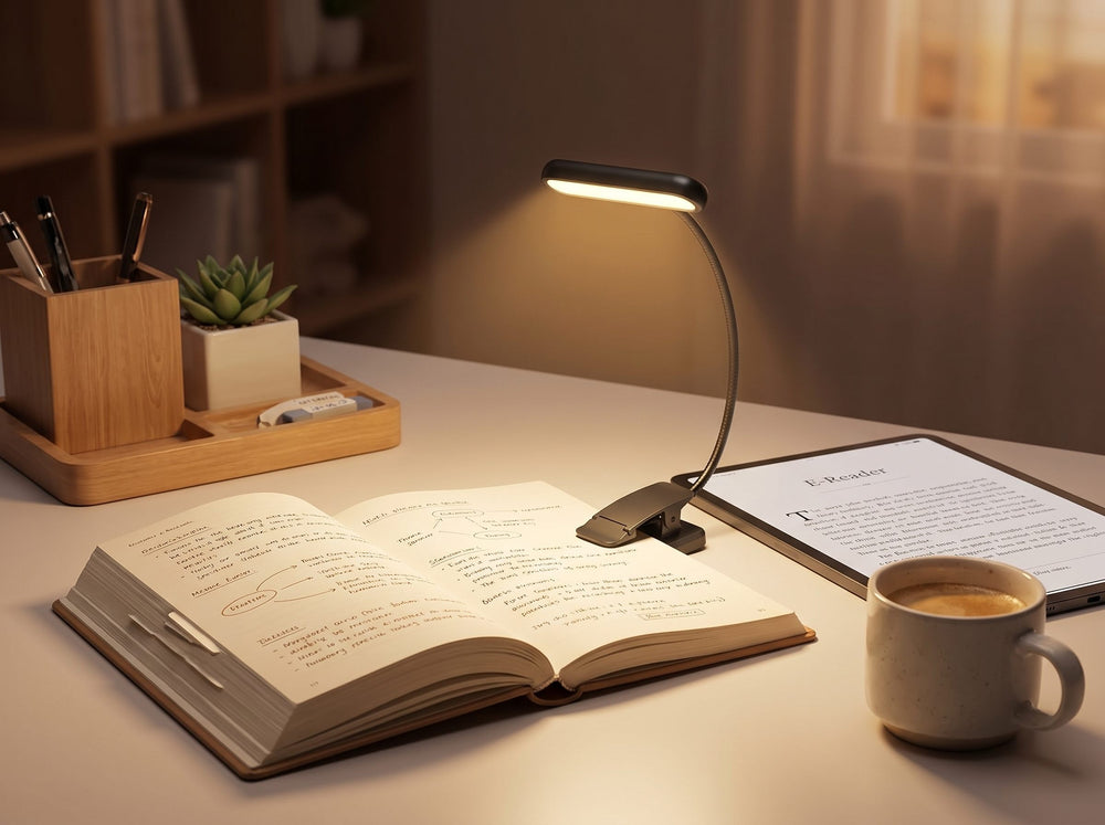 Lumo Clip en el escritorio para estudiar de noche